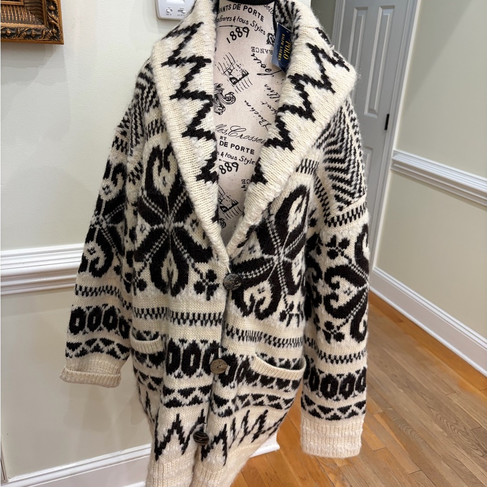 Polo by Ralph Lauren Black and Cream Patterned Shawl-Collar Cardigan